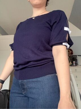 Duffield Lane Navy Knit Pullover with Contrast Collar